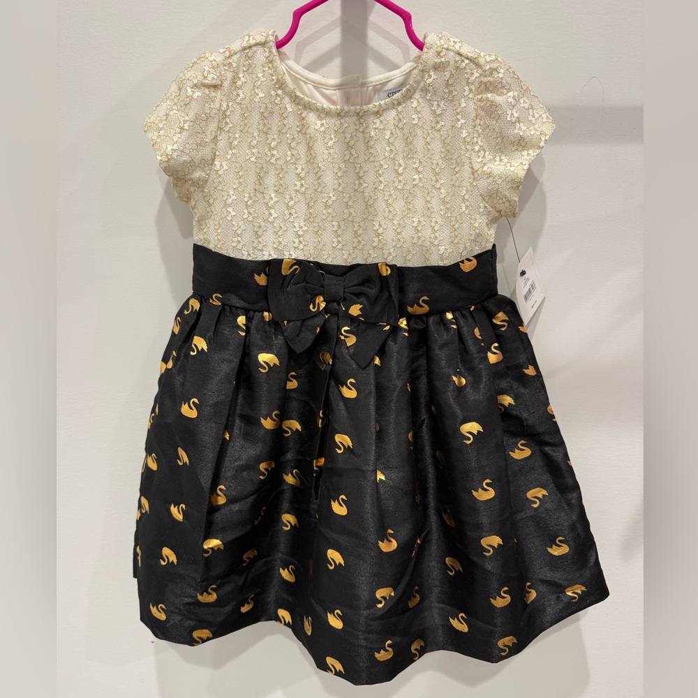 Girls' Two-Tone Lace & Satin Dress with Gold Swan Print
